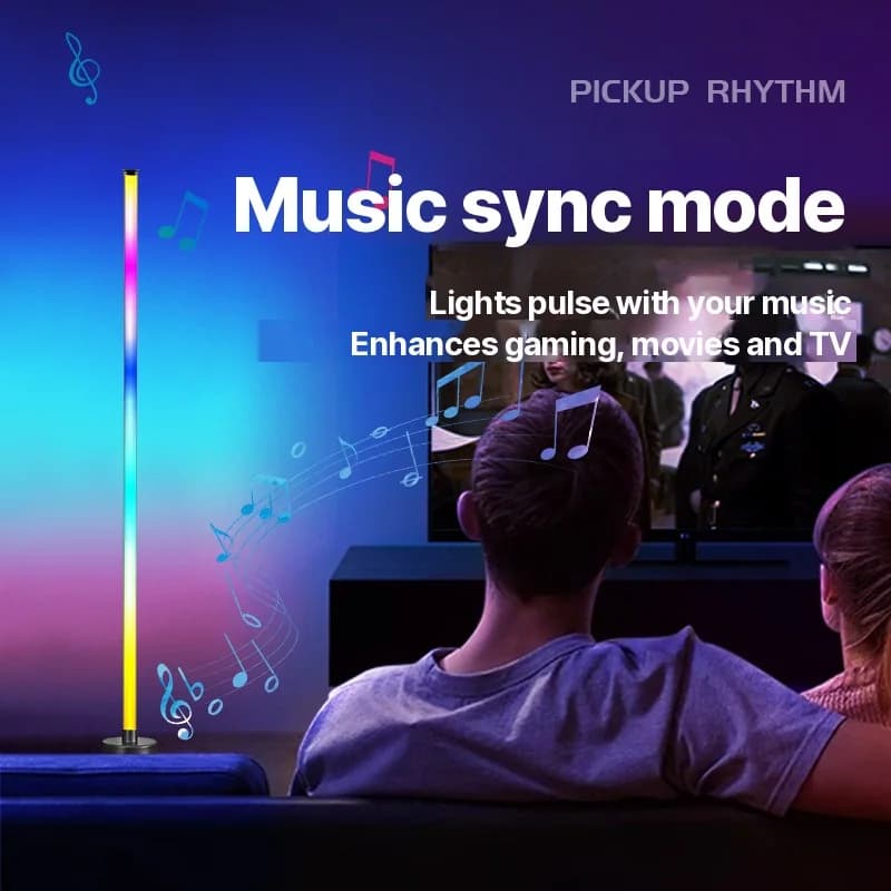 RGB LED rohová stojaca lampa so synchronizáciou hudby, ovládaním cez aplikáciu a diaľkové ovládanie